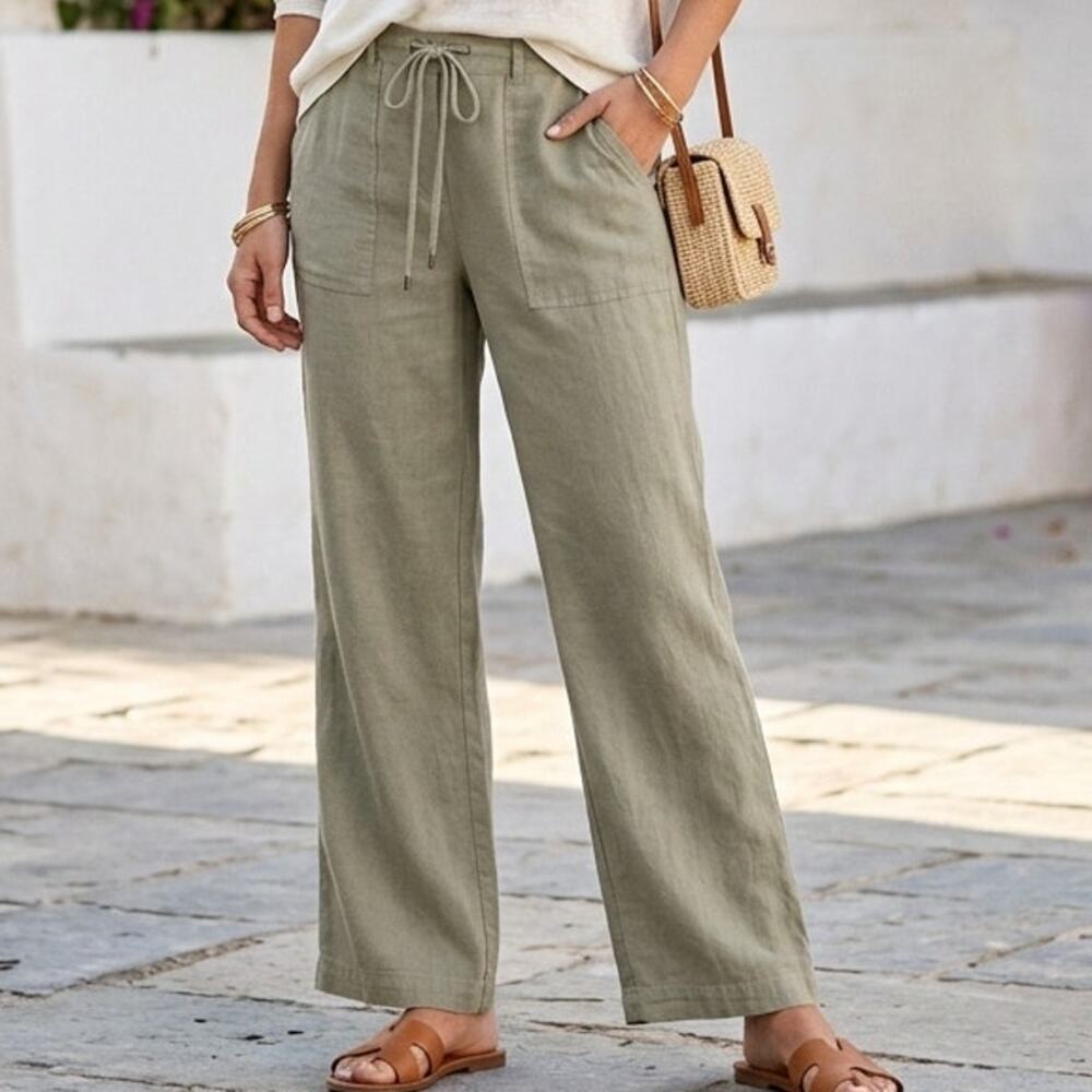 Sanctuary Linen Blend wide leg drawstring pants size 31 olive green slub utility